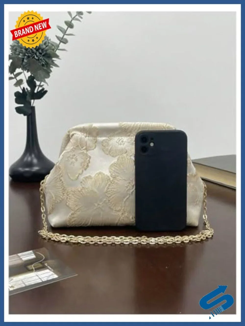 Floral Embroidered Polyester Clutch Evening Bag with Chain Strap